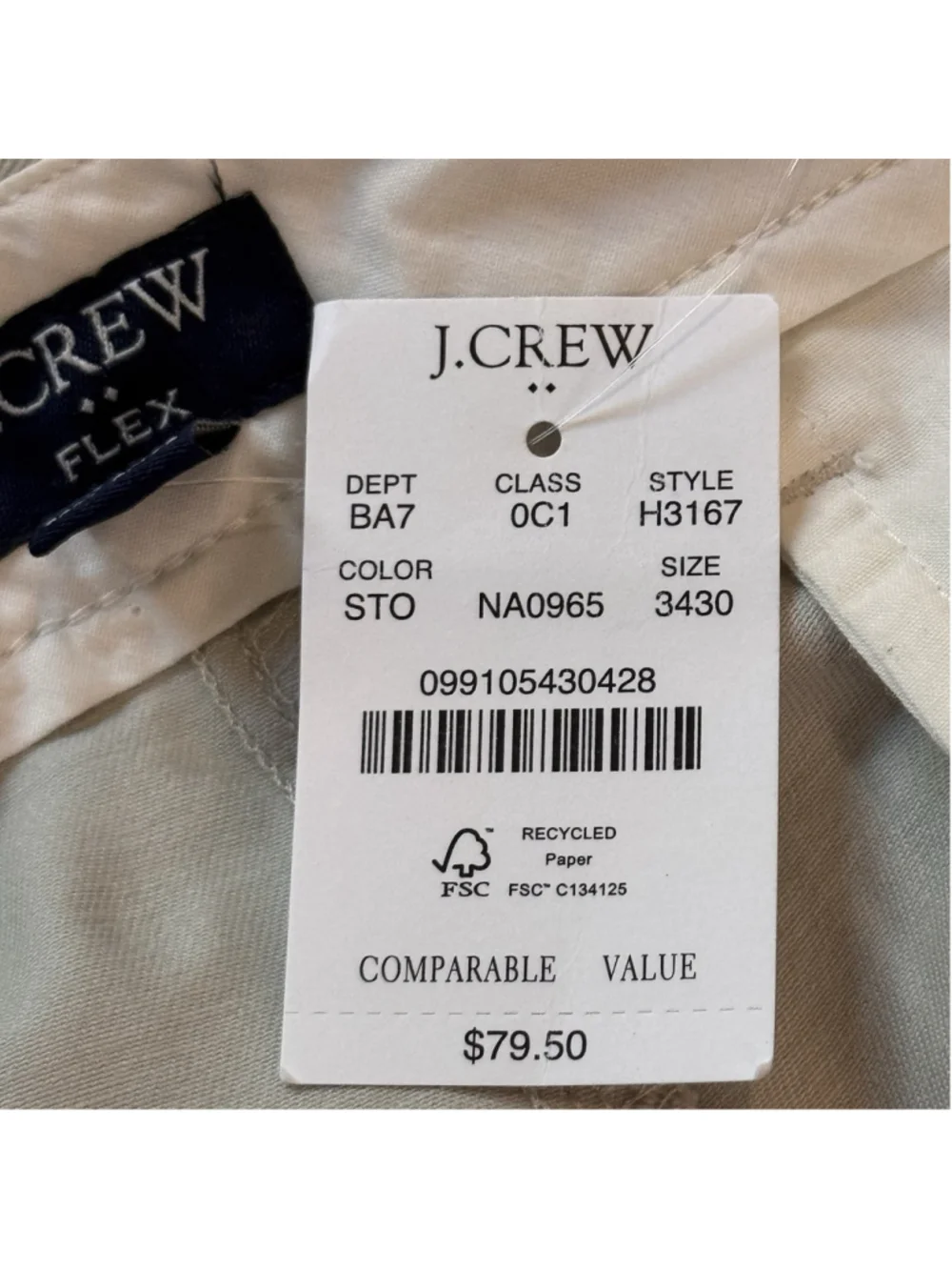 NWT J.Crew Slim Chino Pants Size:34x30 Men Flex Cream Cotton MSRP:$79